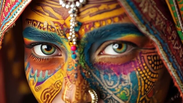 Woman with intricate face paint and jewelry depicting cultural diversity. Traditional art inspired makeup for celebration and beauty.