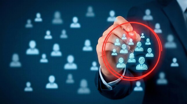 Businessman hand drawing a red circle to select a specific group of people icons, representing target audience marketing, HR recruitment talent acquisition, customer segmentation, and professional nic
