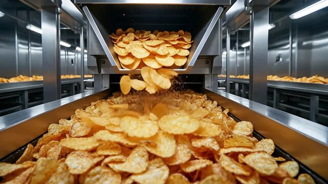 Potato chip production line with chips falling from a hopper onto a conveyor belt in a factory setting