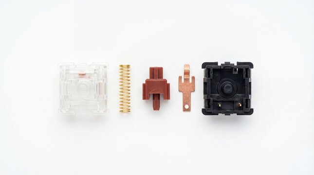 Disassembled brown tactile mechanical keyboard switch components flat lay on a white background.