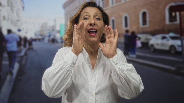 Woman cups hands around mouth while shouting on busy street in sunny urban afternoon wearing white shirt; enthusiasm.