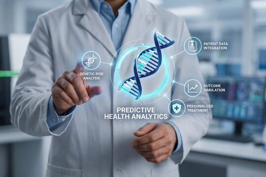 Doctor interacting with predictive health analytics interface showing a DNA helix with icons for analysis, genetic risk and personalized treatment in modern laboratory