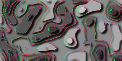 Abstract topographic map inspired background with layered contour lines in shades of gray, highlighted with neon pink and green outlines, creating a vibrant, futuristic, and dimensional visual effect