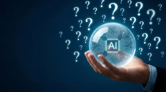 Businessman hand holding glowing AI glass sphere searching for answers among floating question marks, concept of artificial intelligence decision making, future technology forecasting, data analysis a