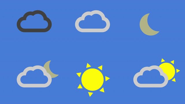 weather map symbols, animated loops, sun, moon, cloud, graphic symbol icon construction kit, blue then black background