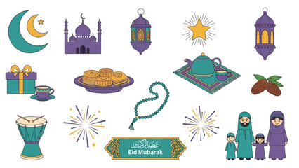 A delightful and diverse collection of vibrant flat line icons representing various elements of Eid al-Fitr and al-Adha celebrations, perfect for festive designs