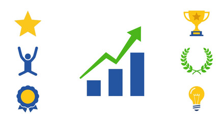 Illustrative vector icons for success, achievement, and growth. Features symbols for progress, victory, innovation, celebration, and awards, suitable for business or education