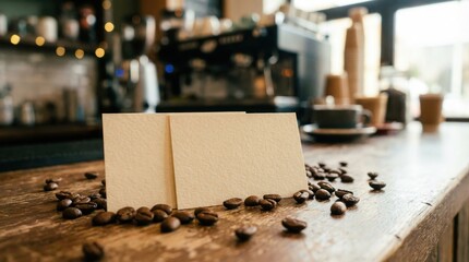 Blank Tent Card with Coffee Beans on Wooden Counter in a Cafe.