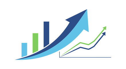A 3d business bar chart on a white background showing a red arrow for financial growth and market success as profit data continues to rise and progress up