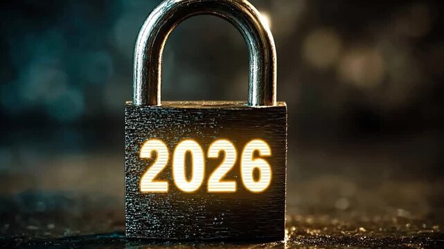 Padlock with glowing 2026 number, showing security and future prospects for the new year. Digital protection and business concept.