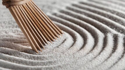 Wooden Rake Drawing Waves in Zen Garden / 禅の庭の砂に波紋を描く木製の熊手2