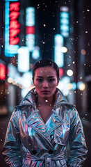 Serious woman in metallic trench coat stands on city street during snowfall at night with neon lights creating a futuristic, cyberpunk atmosphere.