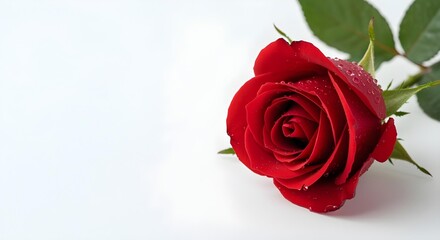 Fototapeta premium Single Red Rose Isolated on White Background with Copy Space