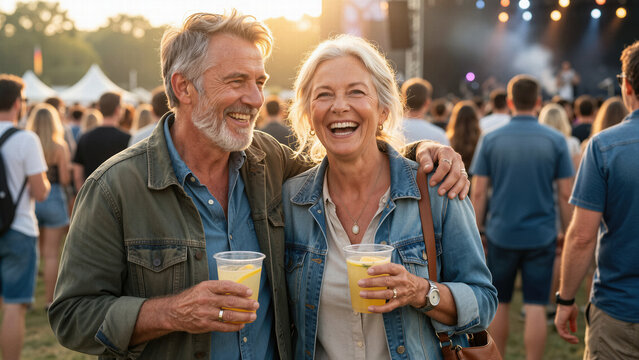 A joyful and candid portrait of an active senior couple laughing and embracing at an outdoor music festival, symbolizing happy retirement, vitality, and shared fun.
