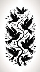 Obraz premium Black birds flying around a tree branch in a vector illustration from various viewpoints