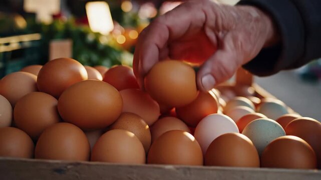 Hand selecting fresh brown eggs from a wooden crate at an outdoor market
