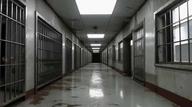 A long, dark, and desolate prison corridor stretches into the distance, lined with grim metal bars and hinting at stories of confinement and despair, evoking a sense of chilling isolation