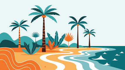 Obraz premium Tropical summer vacation landscape with palm trees sandy beach and ocean waves on transparent background