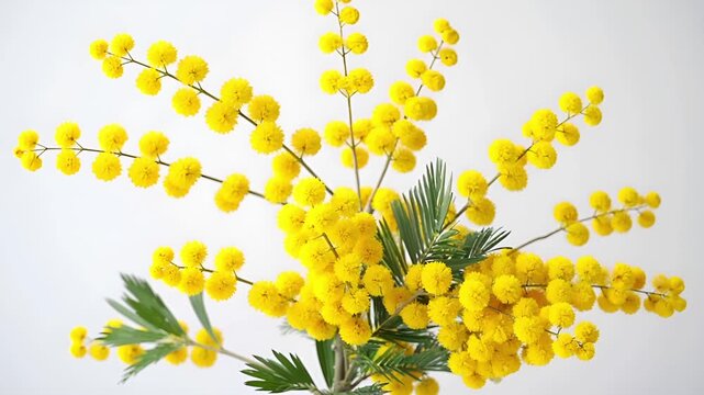 早春の柔らかな自然光の中で、ミモザの花枝がそよ風に静かに揺れる映像です。
黄色い花とグリーンの枝が、クリーンで整理された背景に映えます。
カメラは固定され、花の繊細な動きだけが際立ちます。