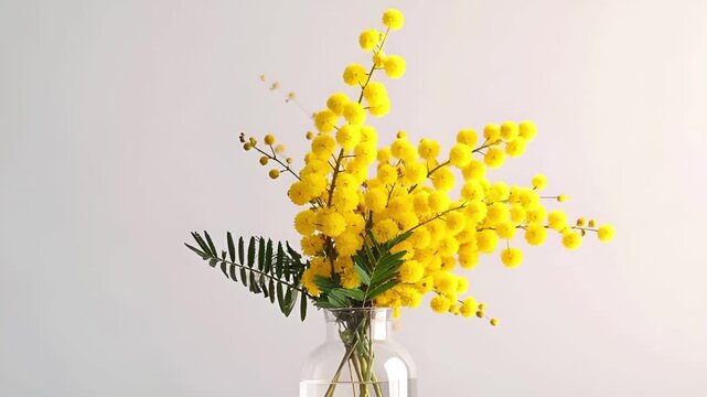 早春の柔らかな自然光の中で、ミモザの花枝がそよ風に静かに揺れる映像です。
黄色い花とグリーンの枝が、クリーンで整理された背景に映えます。
カメラは固定され、花の繊細な動きだけが際立ちます。