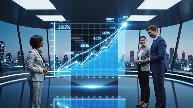 Business team analyzing a dynamic growth chart displayed on a large screen in a modern office overlooking a vibrant city skyline at night success and innovation