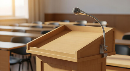 Wooden podium with microphone in a classroom setting lecture