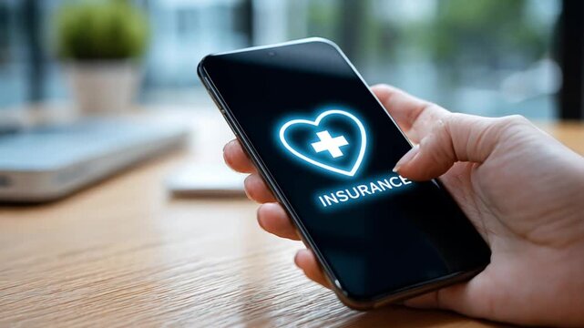 Mobile phone displaying insurance application with heart and medical cross. Woman scrolling on smartphone with health care symbol.