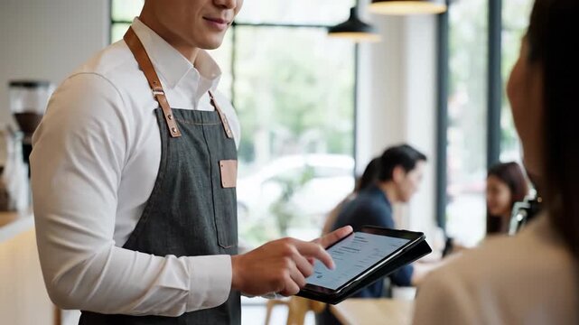 Waiter taking order with tablet in cafe, customer service concept.