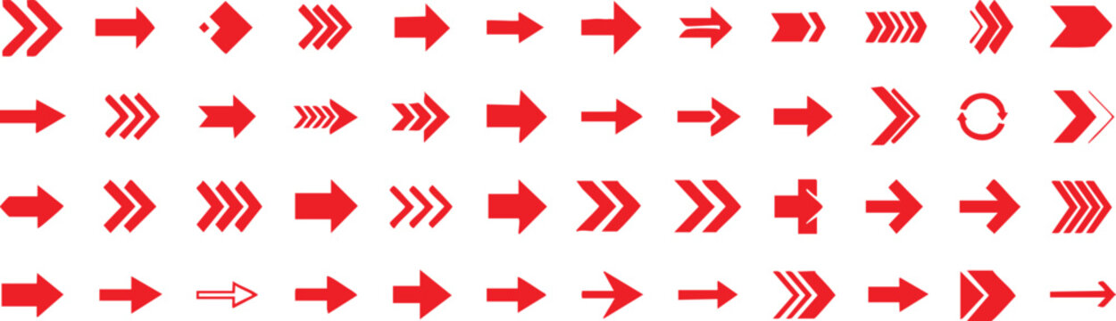 Assortment of red arrow in multiple and orientations on a white background symbol