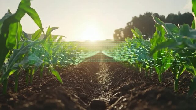 Sunlit view of a cornfield with digitally overlaid data representing agricultural technology