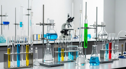 Laboratory glassware with colored liquids on a table test tubes beakers flasks