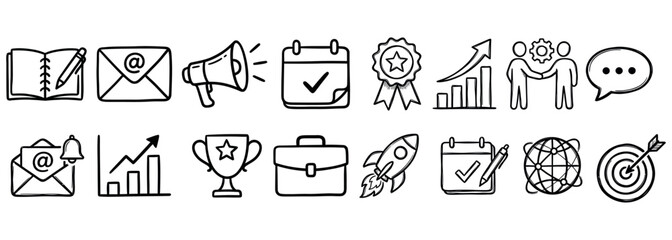 Fototapeta premium Collection of hand-drawn business icons representing various concepts like planning, communication, success, and teamwork, perfect for presentations and marketing materials