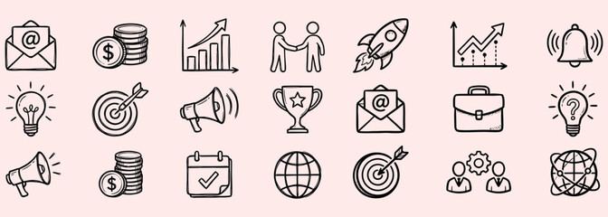 Fototapeta premium Engaging Hand-Drawn Business Icon Set Illustrating Core Concepts of Growth, Strategy, Communication, and Financial Success for Modern Digital Projects