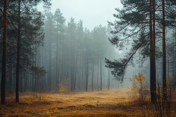 Obraz premium rainy afternoon in pine forest, where fog rises from the damp earth