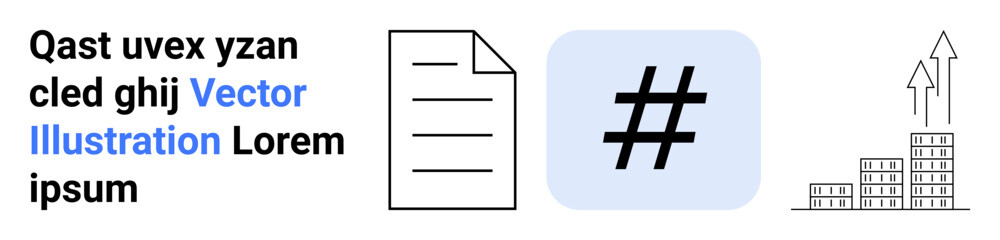 Obraz premium Document icon, metadata tag in blue square, and upward arrows with bar graph highlighting communication, analysis, workflow, social media engagement, content creation, growth, simple landing page