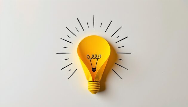 Vibrant Yellow Paper Lightbulb with Radiating Sketch Lines