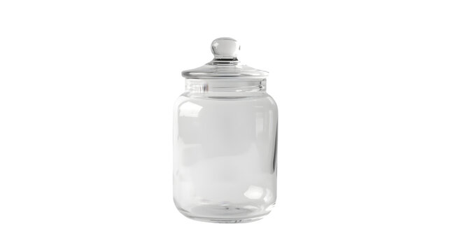 A classic clear glass apothecary jar with a snug-fitting lid, clean and empty, isolated on a white background, ideal for various storage solutions.