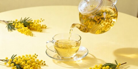 Pouring mimosa herbal tea into a glass teacup