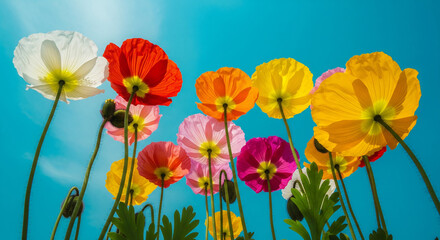 Fototapeta premium Vibrant Poppies Bloom Brightly Against Blue Sky, Inspiring Joyful Spring Marketing and Web Design Themes