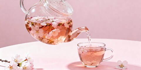 Pouring cherry blossom herbal tea into a glass teacup