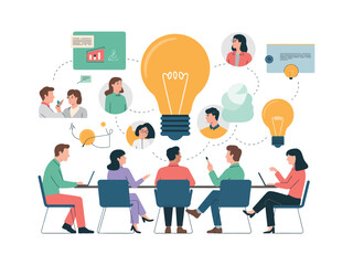 A diverse group of people sitting around a table with laptops, surrounded by lightbulbs and icons representing ideas and communication.