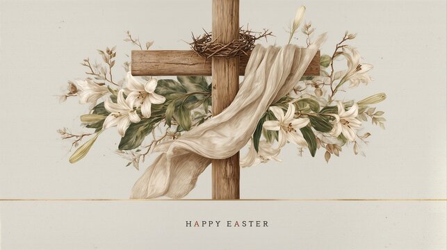Wooden Christian cross with draped cloth and lilies resurrection concept