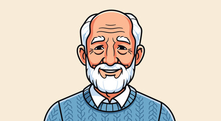 Obraz premium Illustration of an elderly man with a beard smiling, wearing a blue sweater and tie, depicted from the chest up