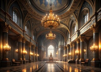 A majestic, highceilinged grand hall stands silently, its ornate details and chandeliers a stark contrast to the emptiness surrounding it