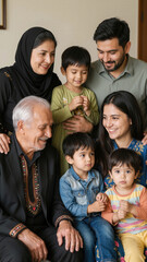 Obraz premium A heartwarming portrait of a multigenerational Muslim family, smiling and embracing, symbolizing love, togetherness, and cultural heritage during a festive celebration. 