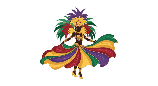 Vibrant samba dancer in colorful costume dancing at Rio Carnival with a feathered headdress and flowing skirt against a clean white background.