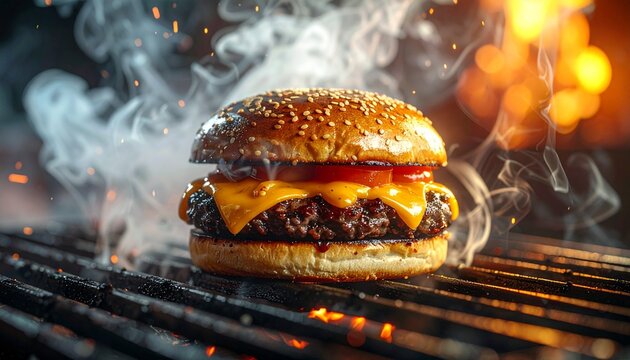 A juicy cheeseburger on a grill, with smoke rising and flames visible in the background, taken from a close-up viewpoint.