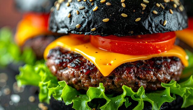 A close-up view of a black sesame seed burger with cheese, tomato, and lettuce on a wooden surface, captured from a straight-on viewpoint.