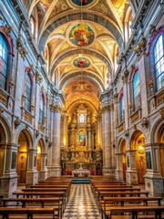 Fototapeta premium The Igreja da Madalena in Lisbons historic neighborhood stands as a testament to Catholic devotion, surrounded by ornate stone carvings and stunning