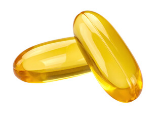 Two yellow softgel capsules of fish oil supplement isolated for health and wellness theme